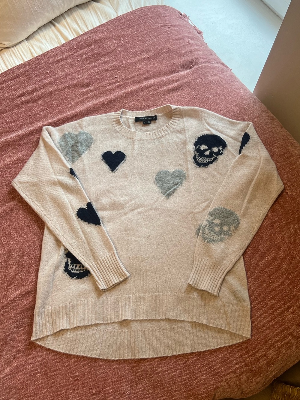 Skull Cashmere Cream Skull & Heart Sweater